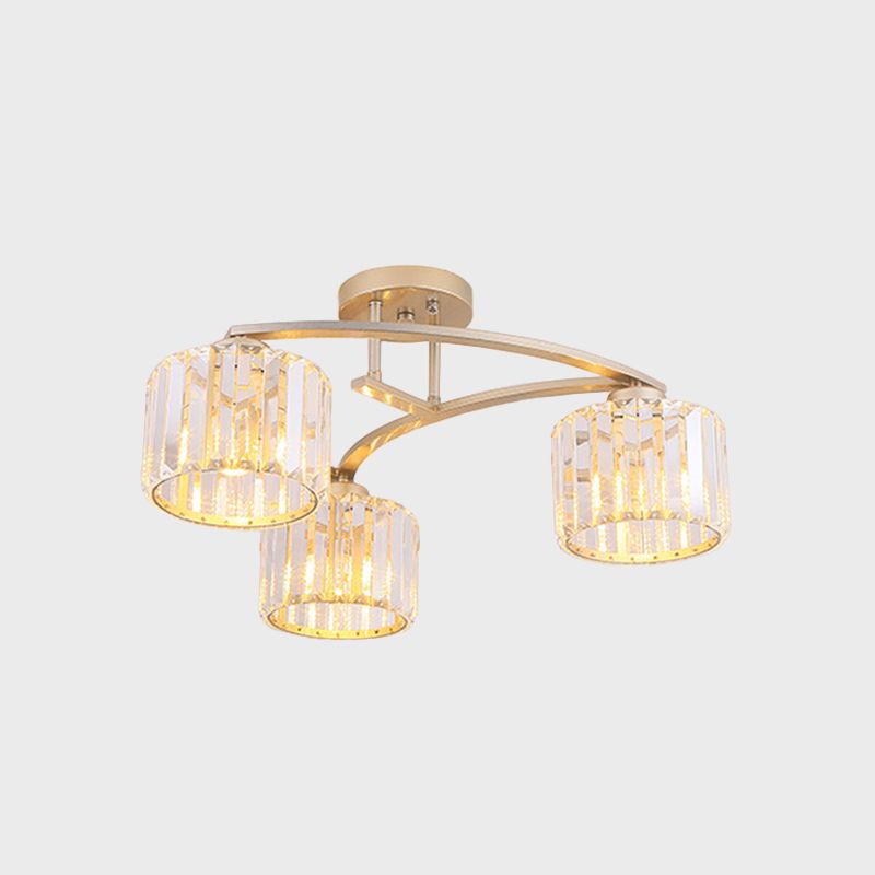 Gold V Arm Ceiling Mount Chandelier Postmodern Metal 3 Bulbs Restaurant Semi Flush Light with Crystal Shade