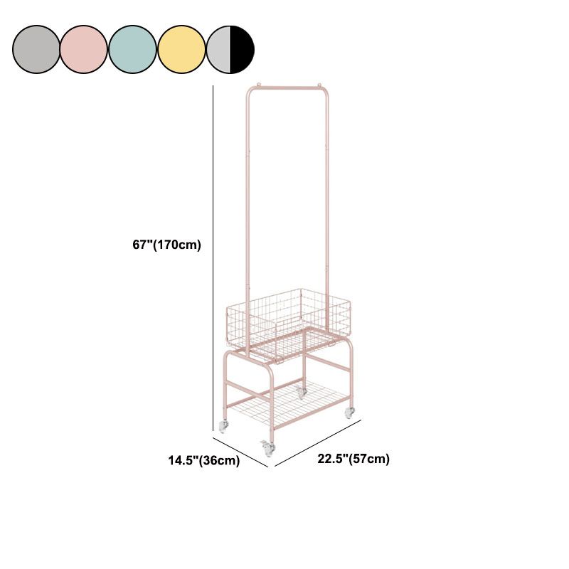 Contemporary Metal Coat Hanger Storage Basket Lower Shelf and Castor Entry Hall Tree