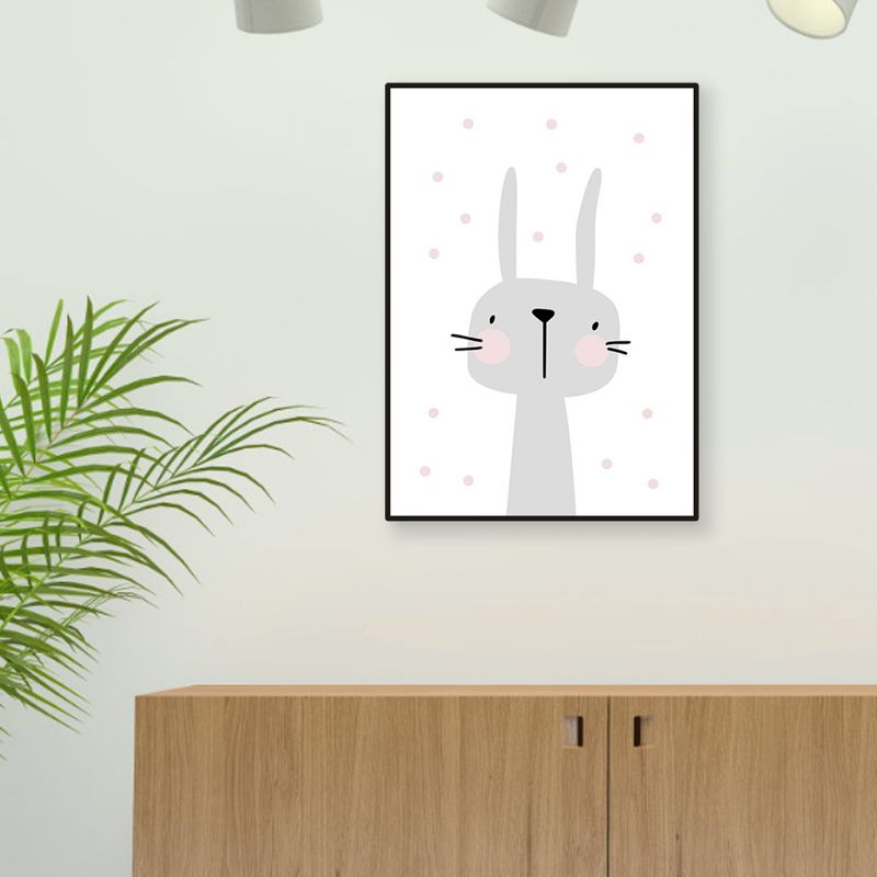 Cartoon Rabbit Painting Gray Children's Art Style Wrapped Canvas for Family Room