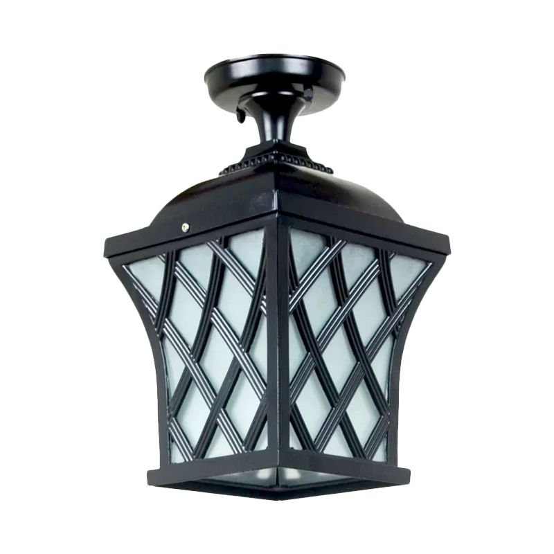 Lanterne en verre opale semi-encastrée Country 1 lumière pour balcon proche du plafond en noir/bronze avec cadre en X en métal