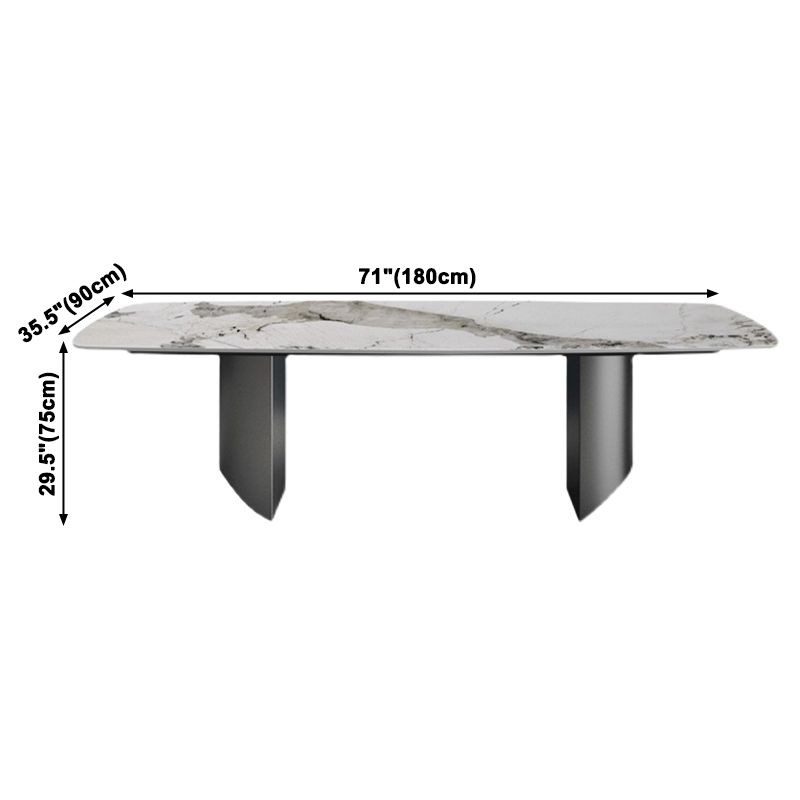 Sintered Stone Top Dining Table Rectangle Table with Grey Metal Base and Double Pedestal