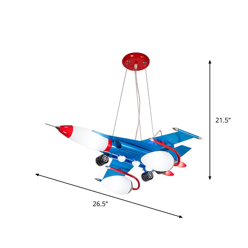 Jet Airliner LED Pendant Chandelier Cartoon Opaline Glass Baby Boys Room Ceiling Suspension Lamp in Blue