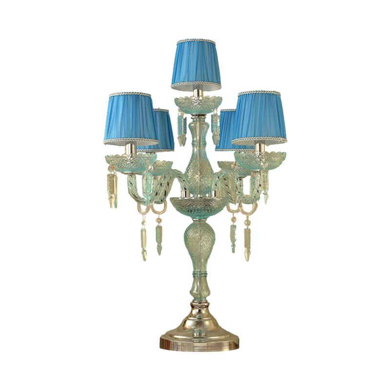 Kristalblauw nachtkastje lamp kandelaar 5/6/7 bollen traditionele slaapkamer tafellicht met vat stof schaduw