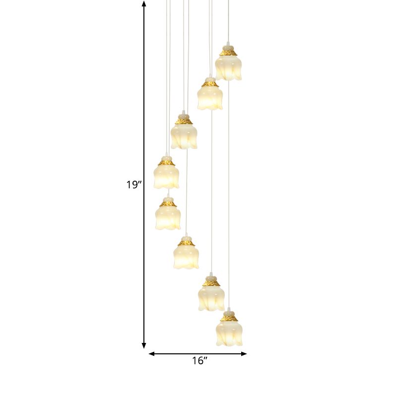 White Glass Floral Cluster Pendant Light Modernism 8 Lights Stair Hanging Lamp in Gold