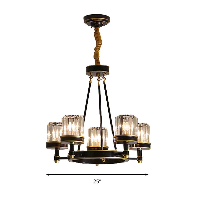 Modernist Cylinder Ceiling Chandelier Clear Crystal 5/6/8 Bulbs Living Room Pendant Lamp in Black
