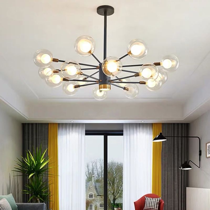 Modern Metal Radial Hanging Chandelier Light Spherical Clear Glass Shade Suspension Light in Black