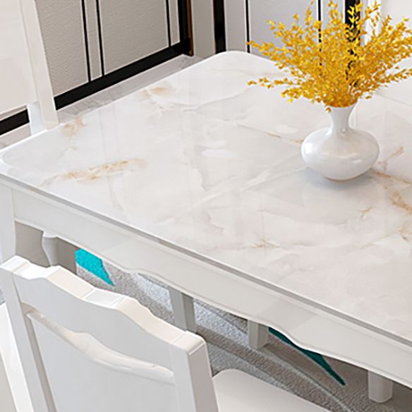 Contemporary Style Marble Dining Set with White Fixed Table and 4 Legs Base