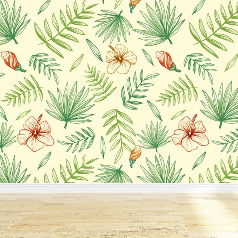 Green Flowers and Leaves Mural Wallpaper Moisture-Proof Wall Art for Dining Room