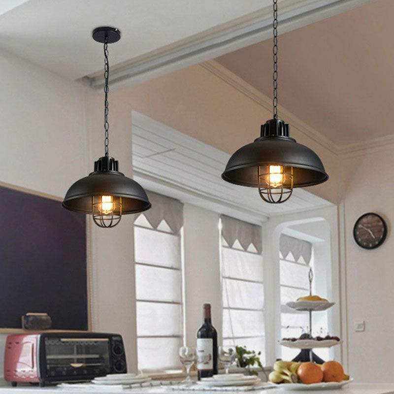 1 Head Suspension Lighting Retro Style Pot Cover Metal Pendant Ceiling Light in Black