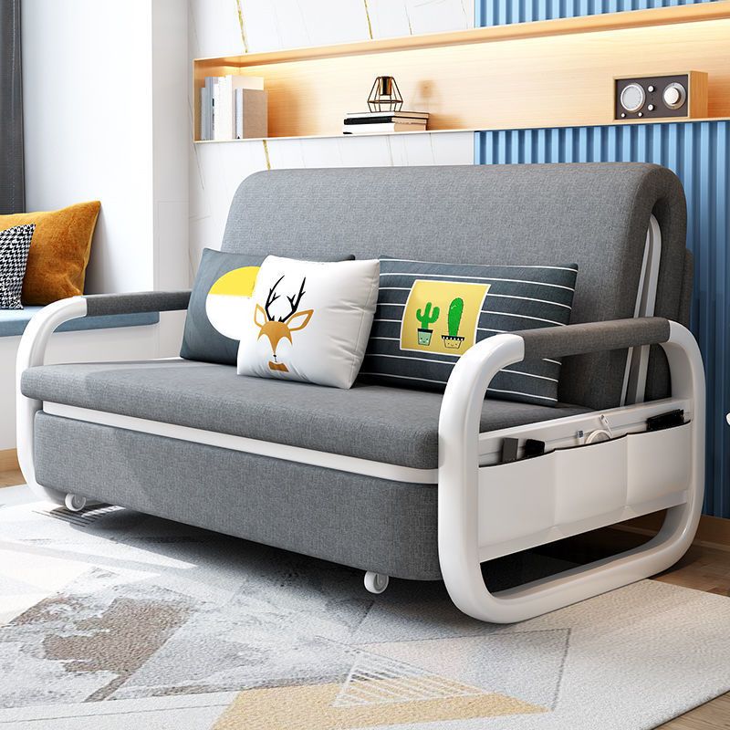 Linen Convertible Sofa Bed in Grey with Square Arms and Storage