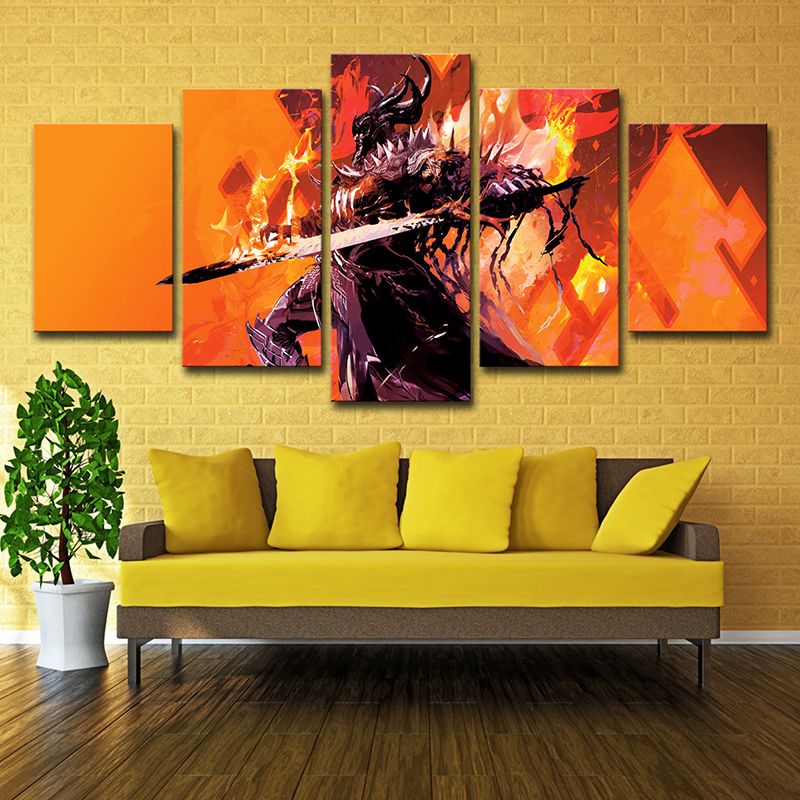 Guild War Game Character Art Print Orange Canvas Wall Decor for Room, Multi-Piece