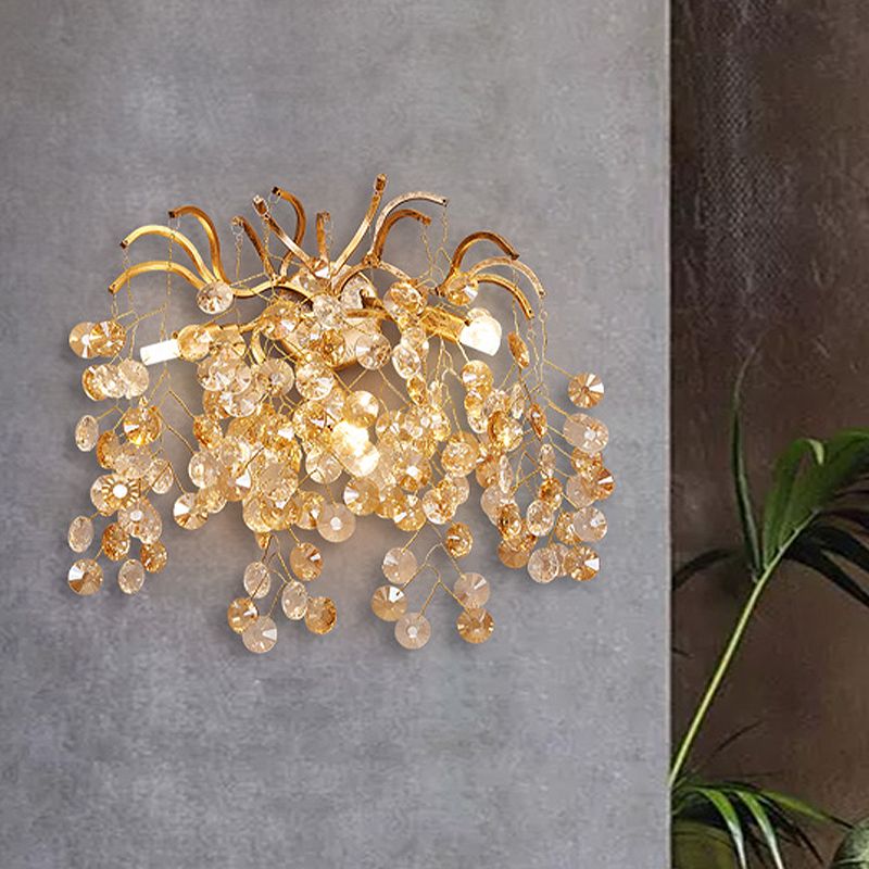 Applique murale en cristal à facettes, branche postmoderne à 3 têtes, luminaire doré pour salon