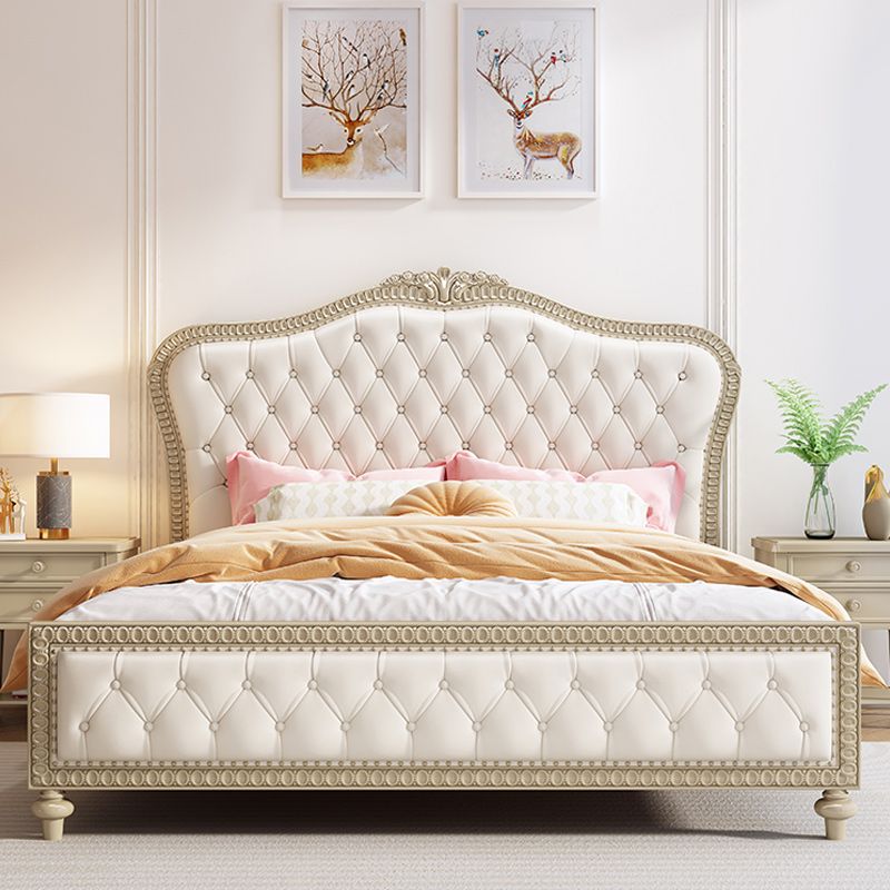 Queen Size Victorian Wood Bed Frame Tufted Upholstered Standard Bed in Beige