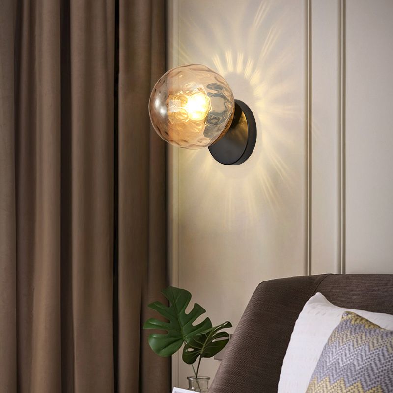 Globe Shade 1 - Light Wall Lighting Fixture in Black / Gold Iron & Glass Wall Fixture
