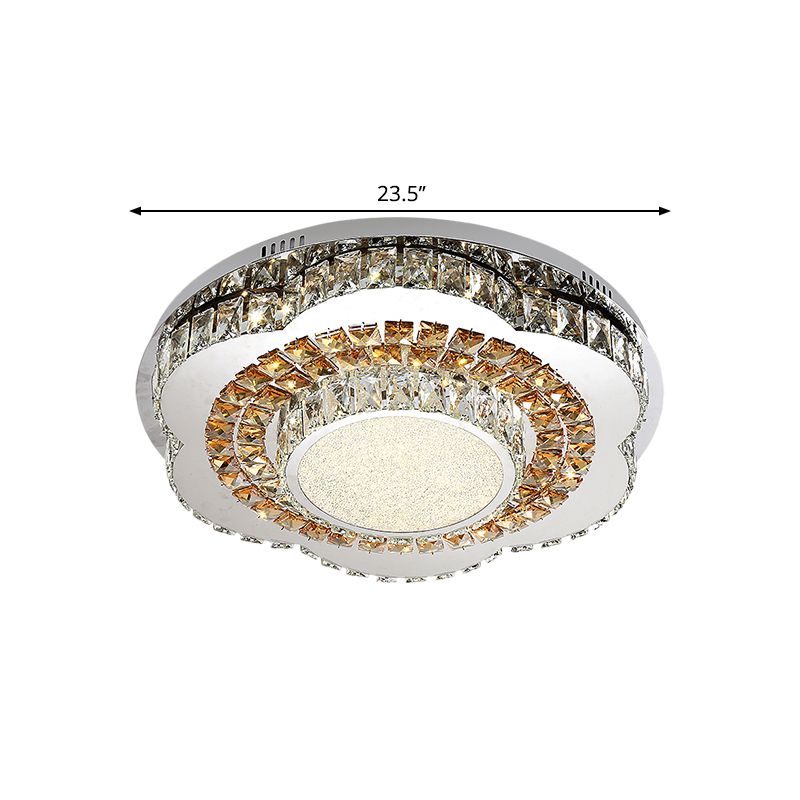 LED Flower-Shape Flush Mount Fixture Modern Beveled Crystal Ceiling Mounted Lighting in Chrome