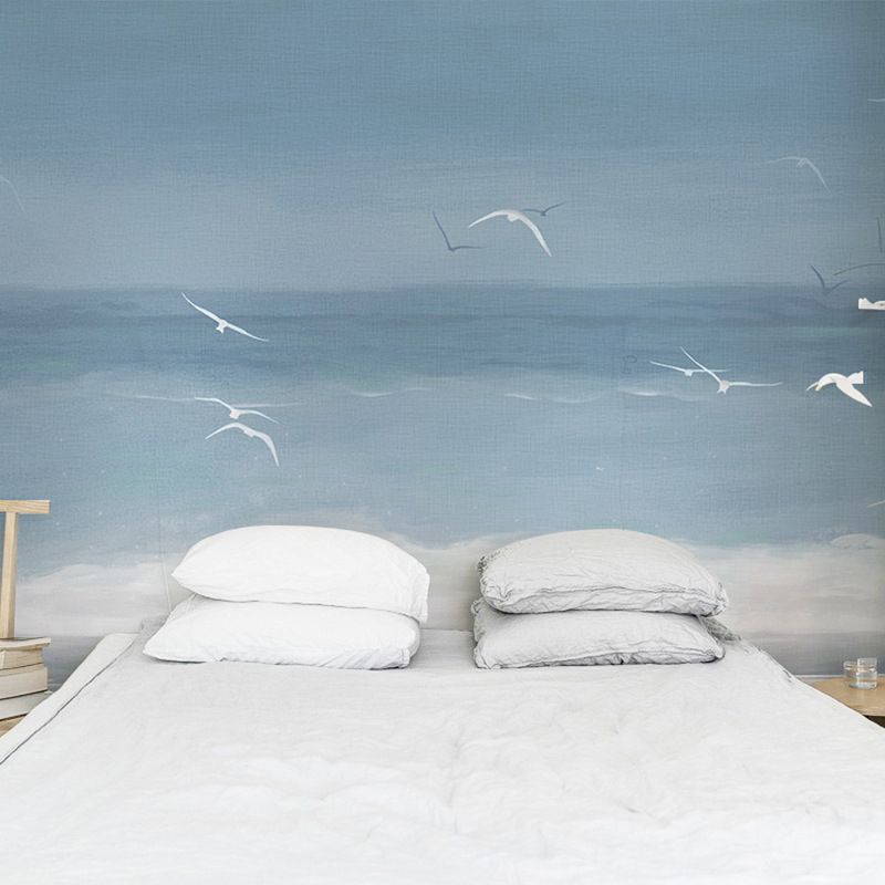 Whole Minimalist Mural Wallpaper Grey and White Seagull Wall Covering, Personalized Size Available