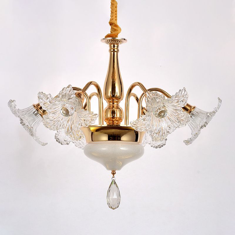Gold 7/10 Bulbs Ceiling Light Modern Clear Crystal Floral Shade Scrolls Hanging Chandelier