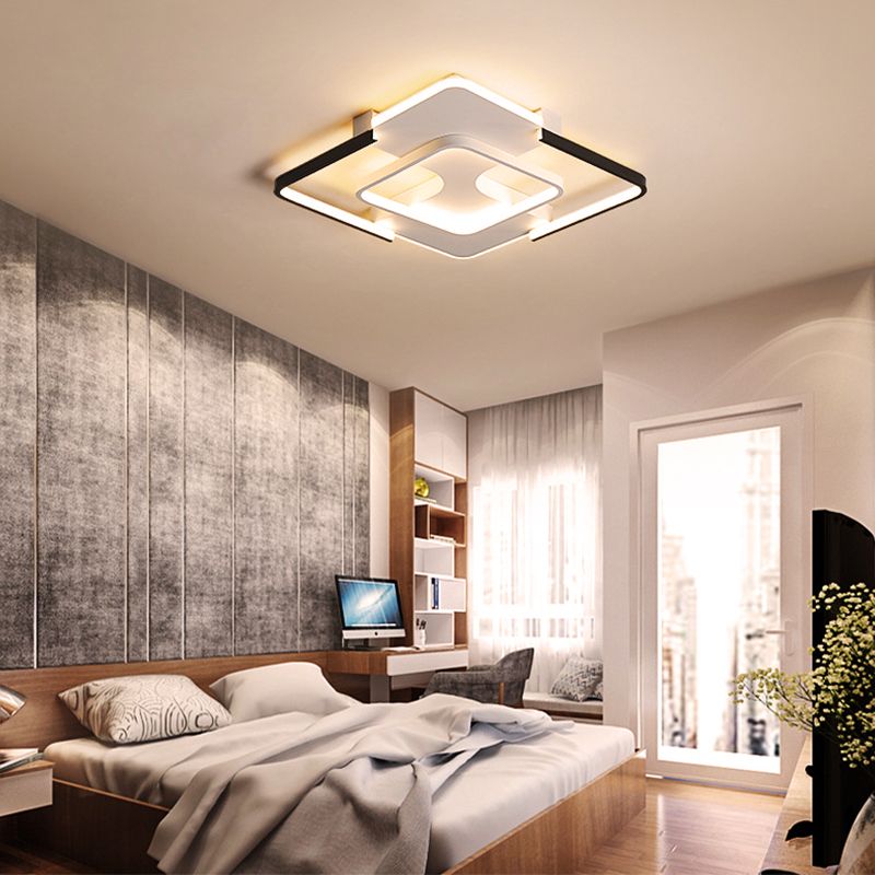 Squared Bedroom Ceiling Flush Light Black-White Metal Contemporary 16"/19.5" Wide LED Flushmount Lighting in Warm/White Light