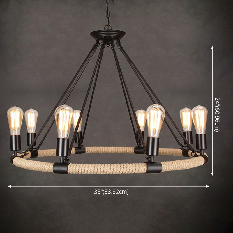 Multi Lights Circle Hemp Rope Chandelier Light Retro Industrial Style Hanging Lighting Fixture for Restaurant Bar