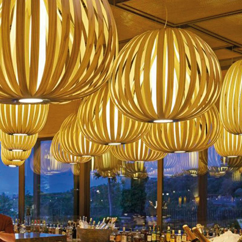 Wood Veneer Global Pendant Lamp Asian 1 Head Suspended Lighting Fixture for Restaurant