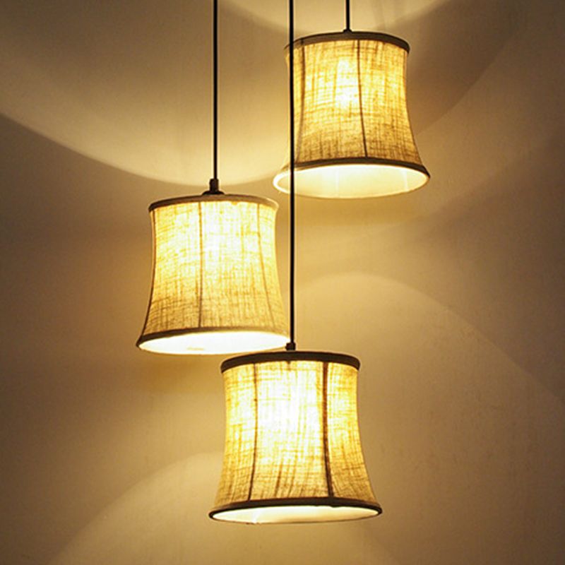 3 Lights Drum Cluster Pendant Classic Flaxen Fabric Ceiling Light with Round/Linear Canopy