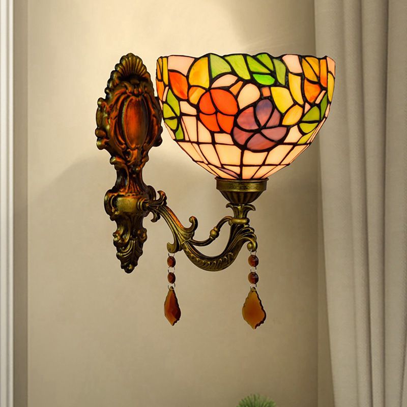 Leaf-Pattern Bowl Stained Glass Wall Lamp Tiffany 1 Head Orange/Purple/Red Wall Mounted Fixture