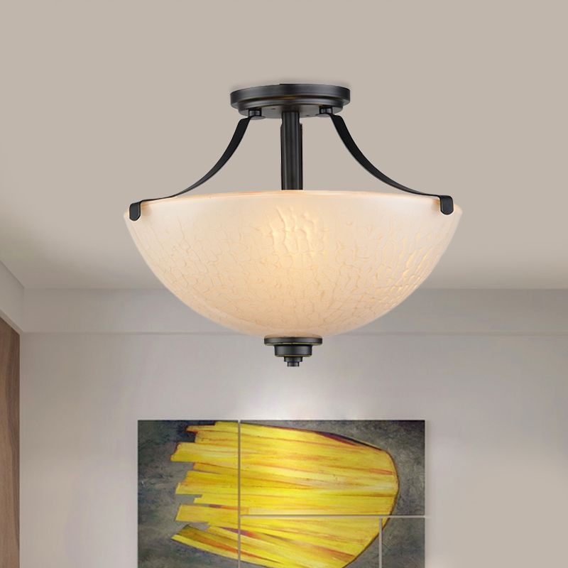 Rural Dome Semi Flush Mount 2-Head Frosted Glass Ceiling Light Fixture in Black for Kitchen