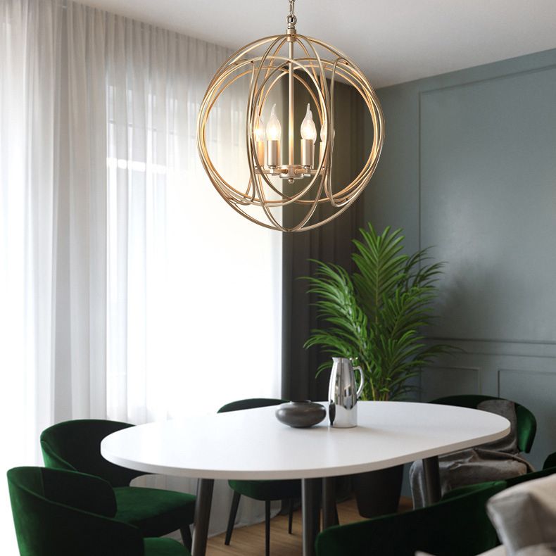 Post-Modern Metal Hanging Chandelier Light Gold Spherical Cage Shade Ceiling Chandelier for Dining Room