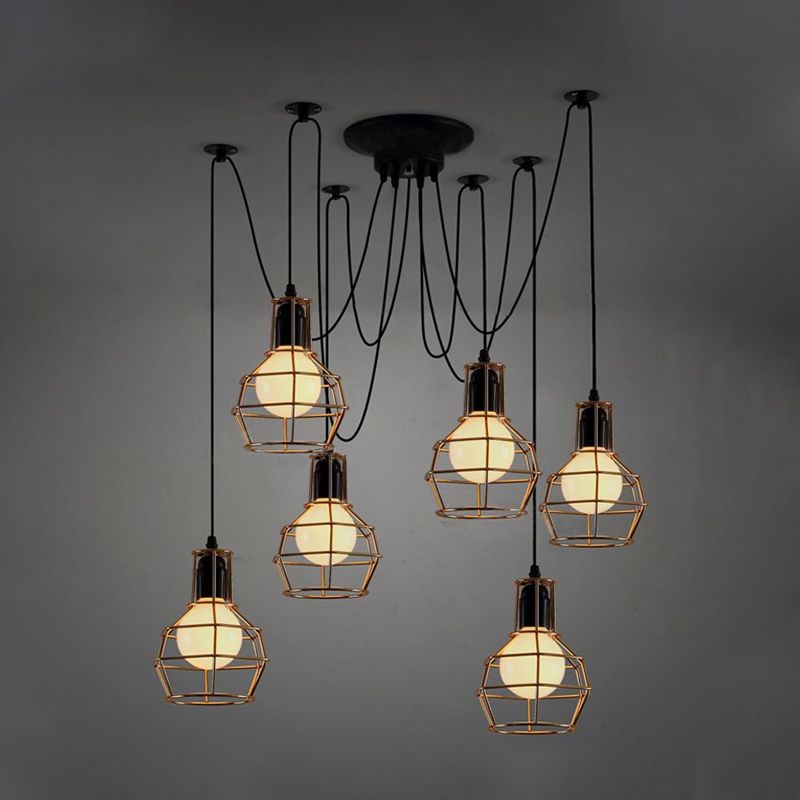 6 Bulbs Spider Pendant Hanging Light with Wire Guard Industrial Style Black/Gold Iron Ceiling Lamp for Dining Room
