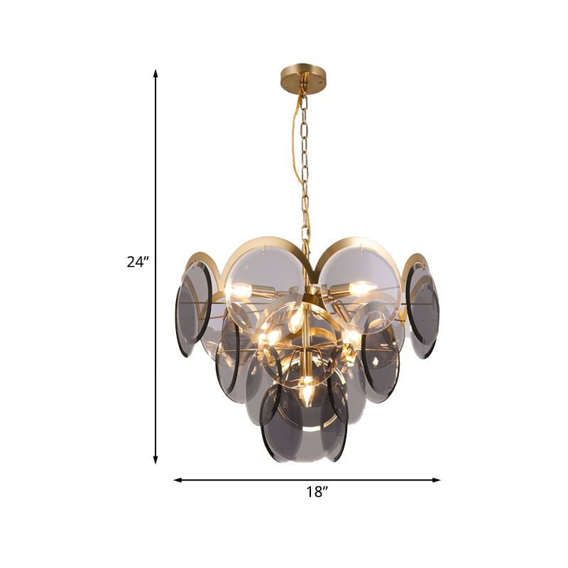 Panneau rond Pendre luminaire post moderne Smoke Grey Glass 7 Heads Heads Brass Hanging Chandelier