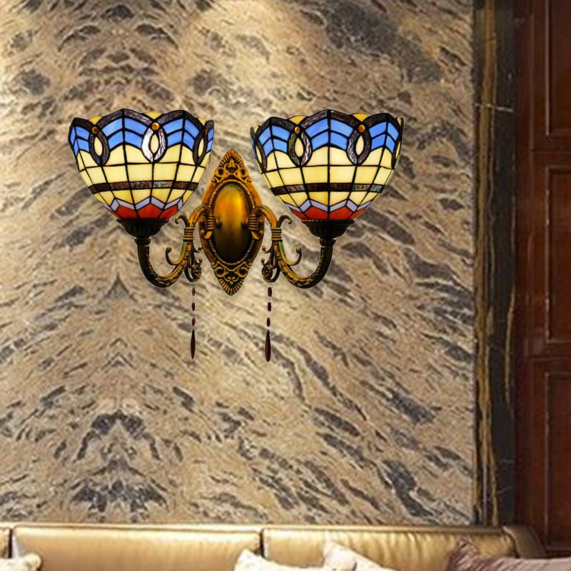 Baroque Bowl-Shaped Wall Fixture Light Stained Glass 2 Lights Wall Sconce Lighting for Living Room