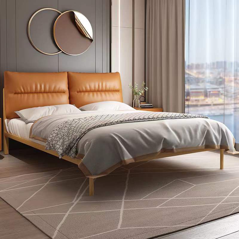 Genuine Leather Upholstered Panel Bed Natural 39.3" High Bed Frame