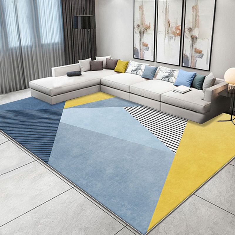Simplicity Colorblock Rug with Striped Pattern Blue and Yellow Polyester Rug Washable Pet Friendly Non-Slip Area Rug for Living Room