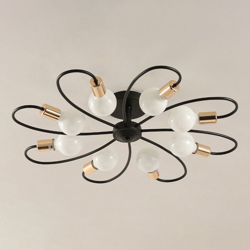 Metal Semi Flush Mount Light Vintage Black Exposed Bulb Living Room Semi Flush Light Fixture