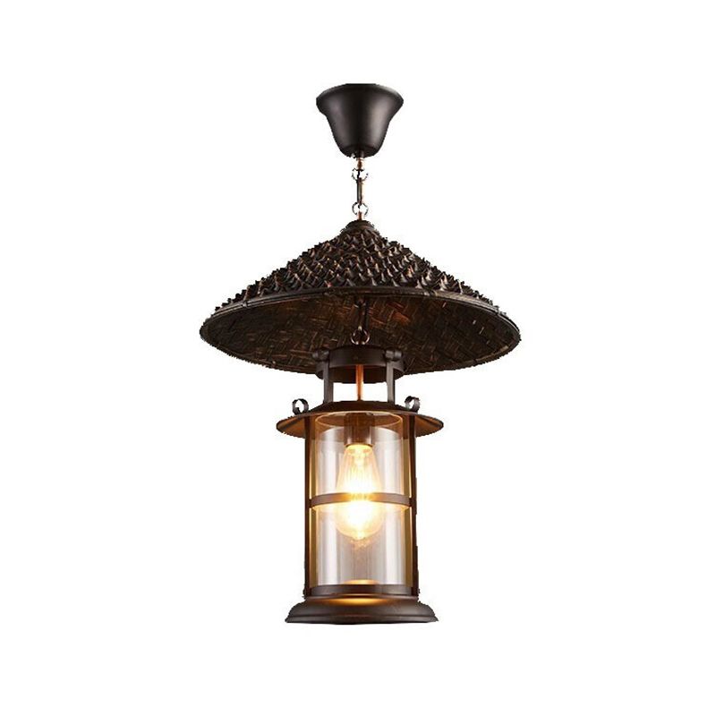 Straw Hat Metal Suspension Lighting Retro Single Restaurant Pendant Ceiling Light with Cylindrical Glass Shade