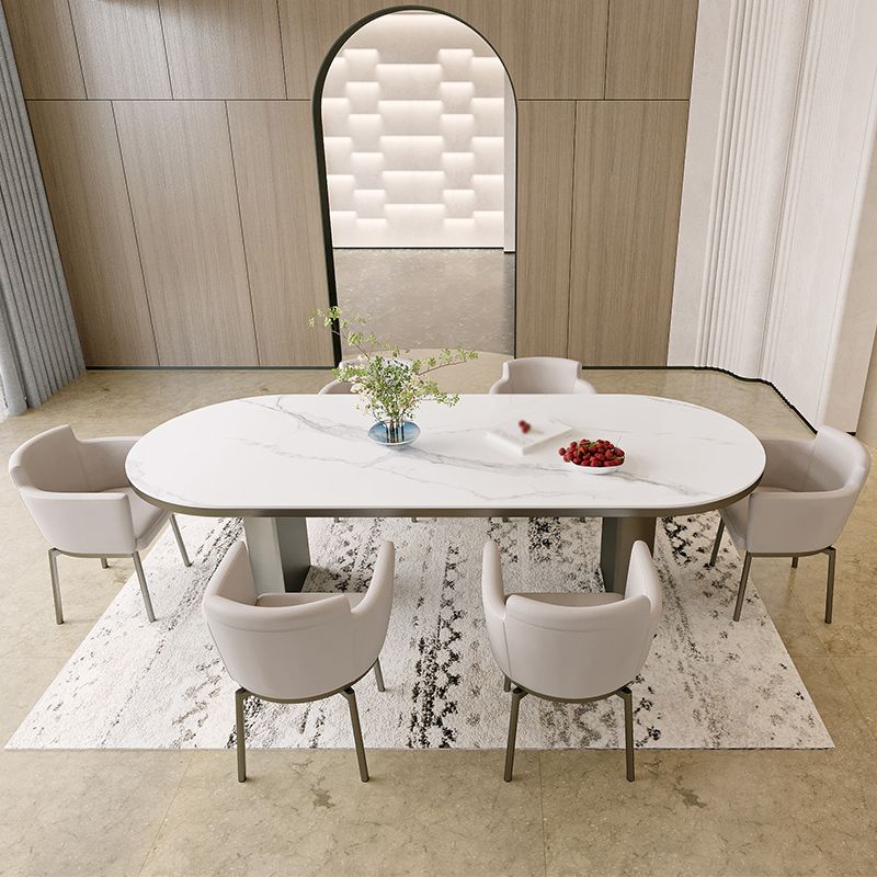 Oval Sintered Stone Dining Table Modern Table in White with Double Pedestal