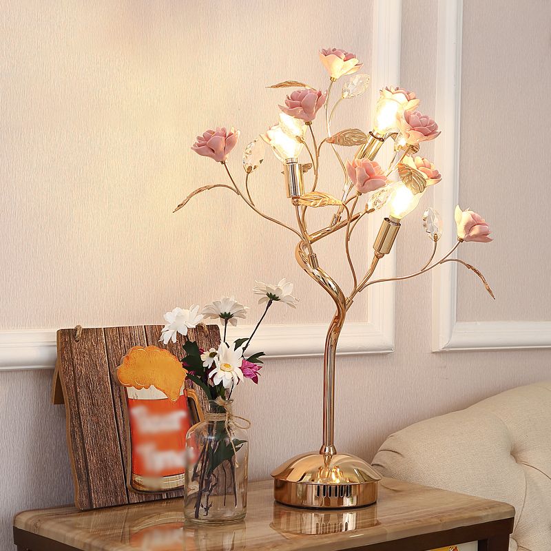 Floral Ceramic Table Light Pastoral Style Living Room Nightstand Lamp with Decorative Crystal