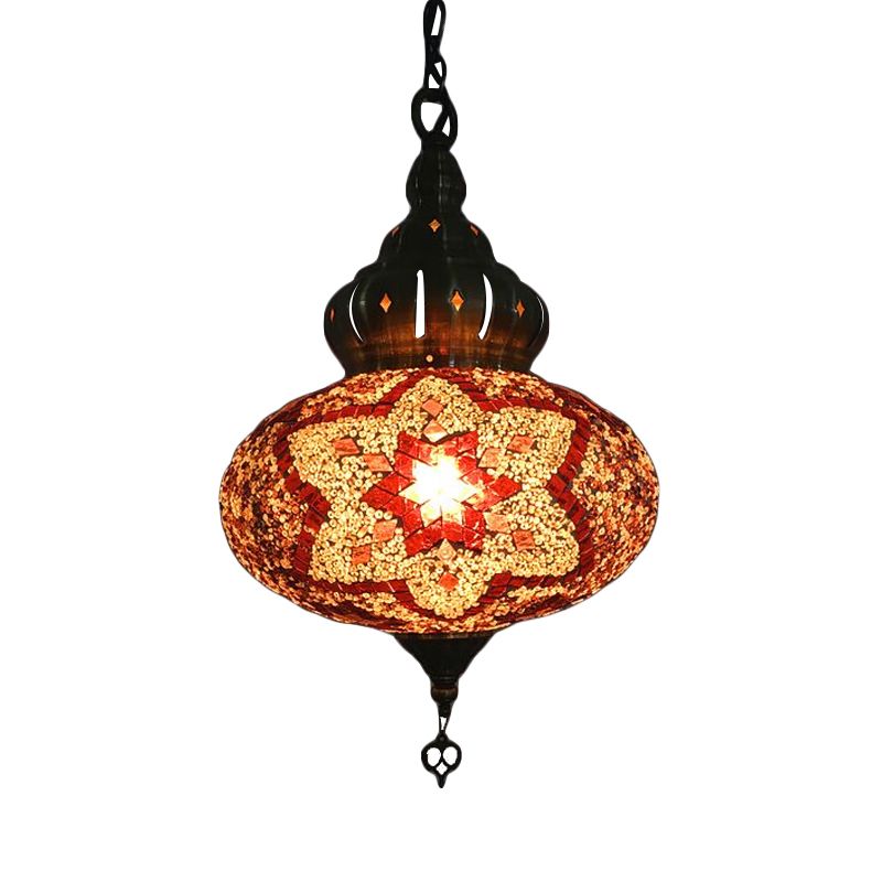 Lantern Red/Green/Gold Glass Suspension Light Retro 1/3 Heads Ceiling Pendant Light for Restaurant