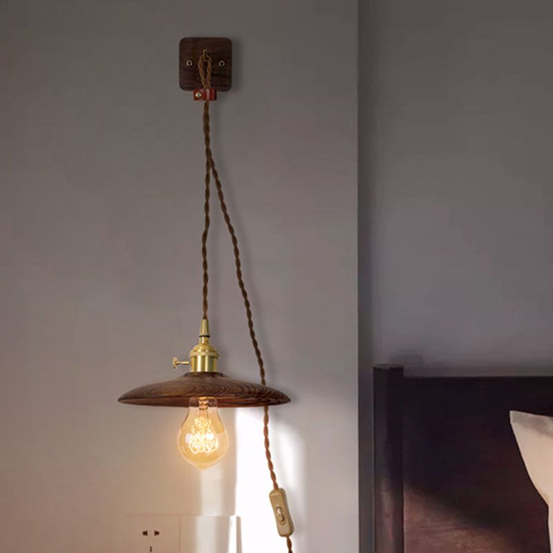Wood Tray Plug-In Wall Lighting Ideas Rural 1 Bulb 8"/10" Wide Bedside Sconce Light in Brown with Extra Long Wire Cord