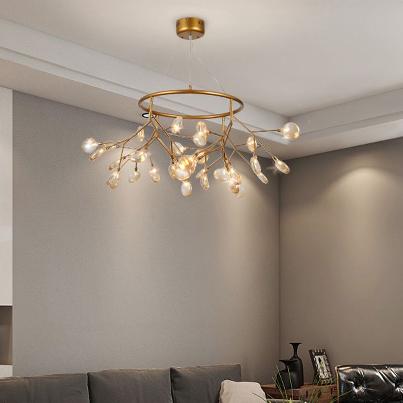 Postmodern Twig Hanging Light Fixture Glass Bedroom Ceiling Chandelier with Metal Ring
