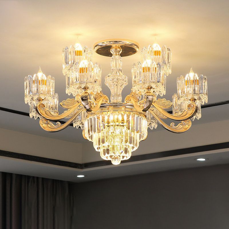 Cylindrical Shaped Living Room Chandelier Light Retro Clear Glass Gold Pendant Light with Layered Crystal Decor