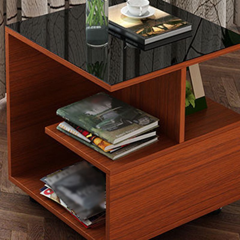 Transitional Square Glass Top End Table Portable Sofa Side Table with Shelves