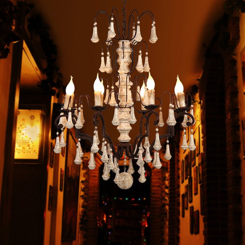 Elfenbeingestufter Anhänger Kronleuchter traditioneller Holz 8 Köpfe Wohnzimmer Hängende Deckenleuchte