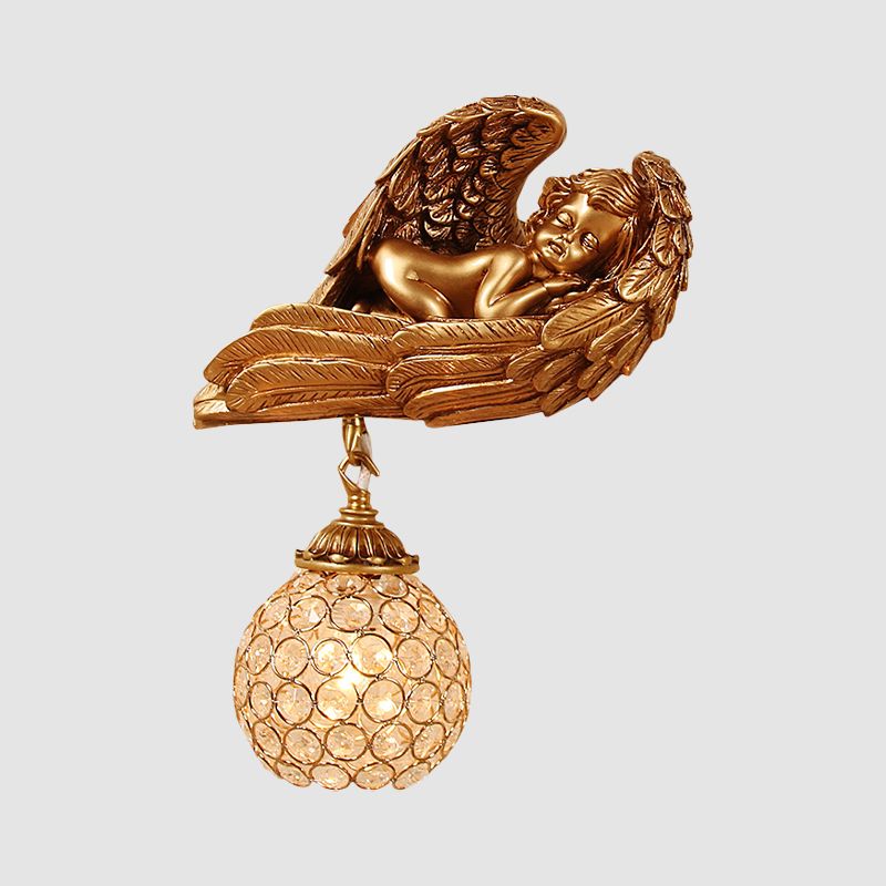 Sleeping Angel Hallway Wall Light Countryside Resin 1-Head Dark Gold Wall Mounted Lamp with Globe Faceted Crystal Shade, Left/Right