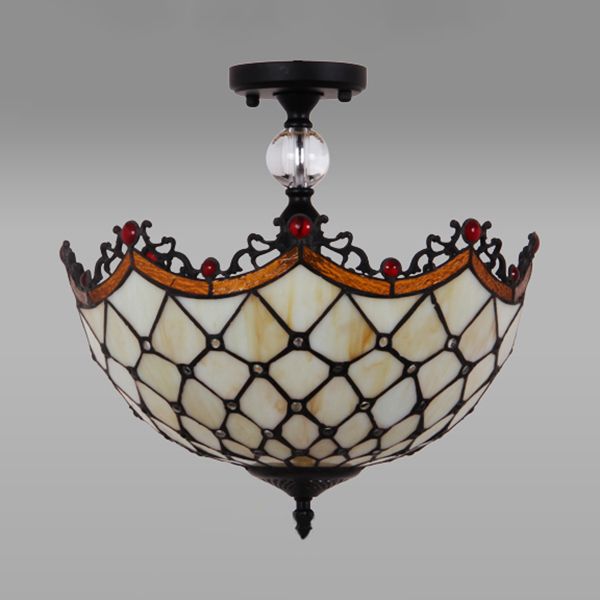 12 "/16" W Scalloped Semi-Flush Light Traditional Tiffany Stained Glass Ceiling Lamp with Leaf / Victorian / Circle Pattern in Bronze for Foyer