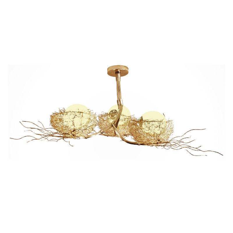 3 Lights Study Room Ceiling Chandelier Gold Hanging Lamp Kit with Egg White Glass Shade and Aluminum Bird Nest