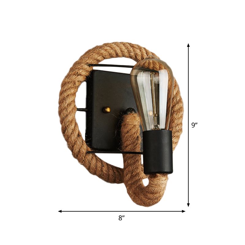 Single Rope Wrapped Wall Lamp Farmhouse Brown Oval/Round Dining Room Wall Mount Light with Exposed Bulb Design