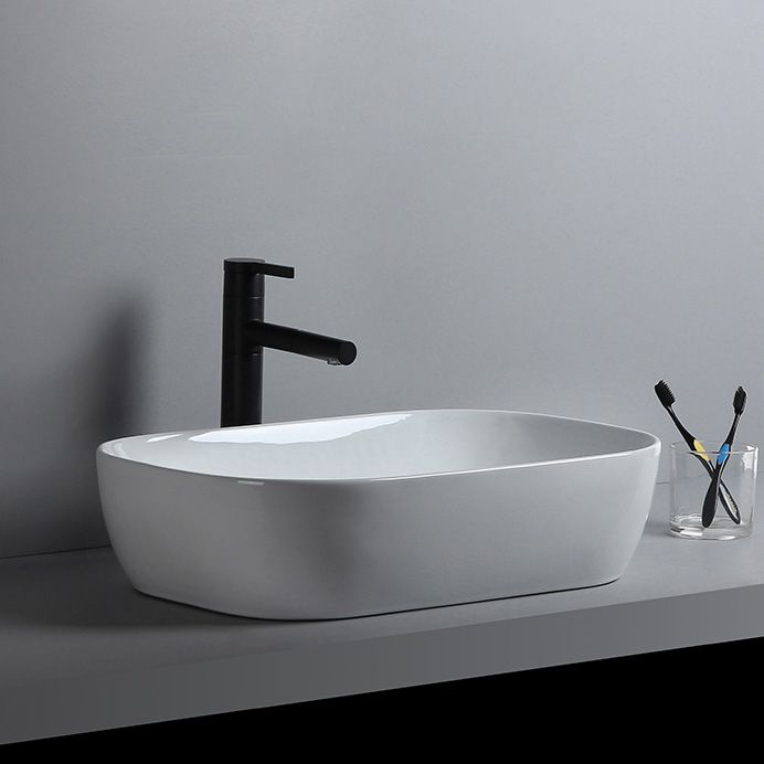 Modern Bathroom Sink Porcelain Solid Color Rectangular Vessel Sink with Pop-Up Drain