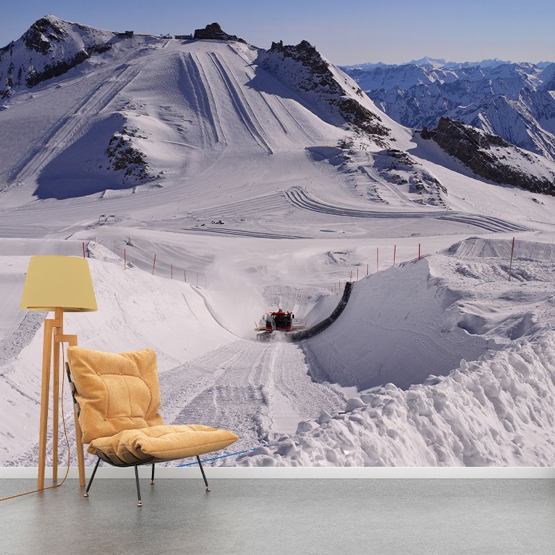 Snow Mountain Construction Mural Wallpaper Modern Non-Woven Wall Decor in Grey-Blue