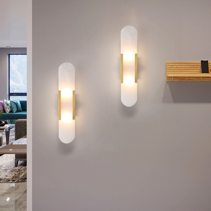 Modern Rectangle Sconce Light Fixture Stone 2-light Wall Lamp in White